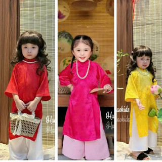 Bộ áo dài cho bé gái, Áo dài TẾT 2026 màu đỏ cách tân phối nơ chất lụa gấm size đại 43kg DA02 DA03- BIATON KIDS