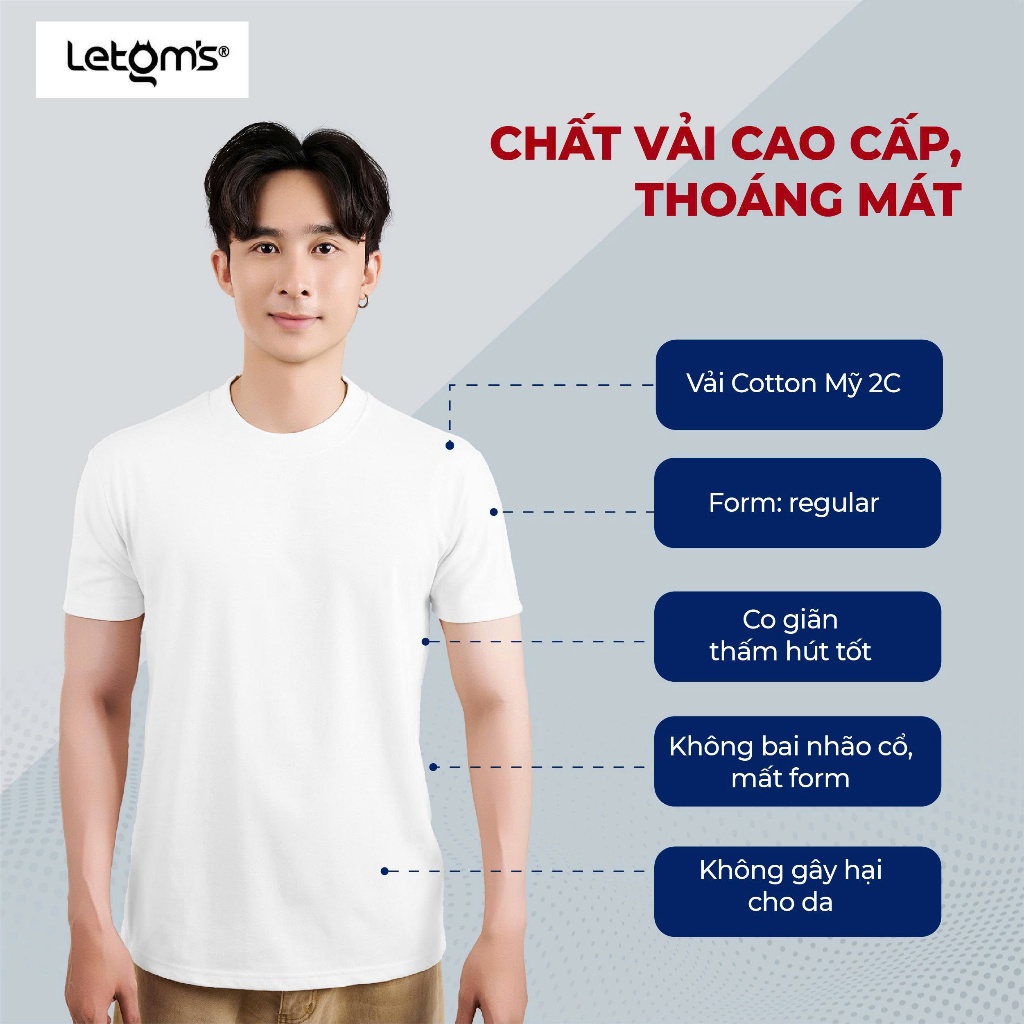 Áo Thun Nam Cotton Mỹ LeTom’s – Form Regular, 2 màu basic đen/trắng dễ phối, chất mềm mịn – thoáng mát – bền màu M10