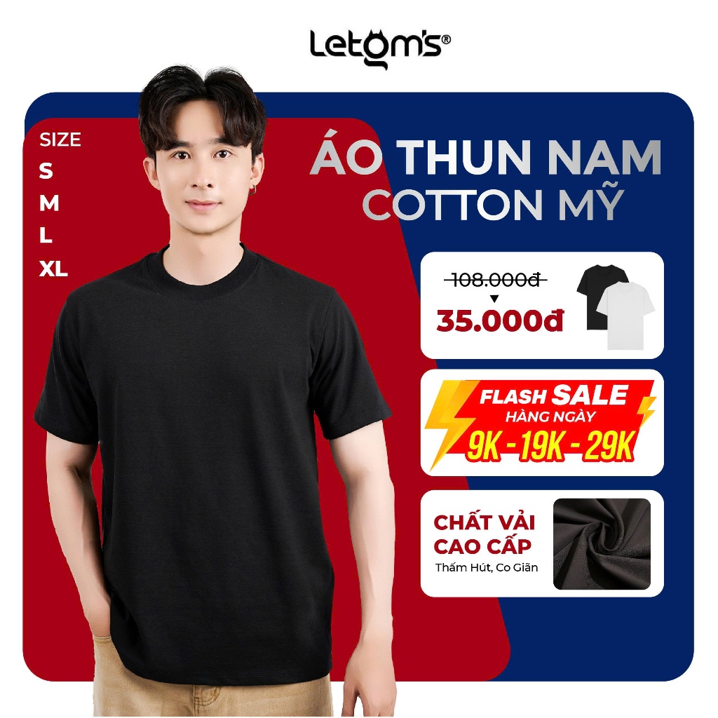 Áo Thun Nam Cotton Mỹ LeTom’s – Form Regular, 2 màu basic đen/trắng dễ phối, chất mềm mịn – thoáng mát – bền màu M10