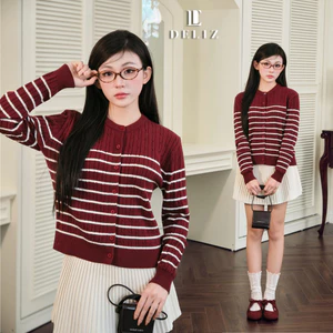 DELIZ - Áo len cardigan len vặn thừng phối kẻ dài tay cao cấp cho nữ, BST thu đông CD106