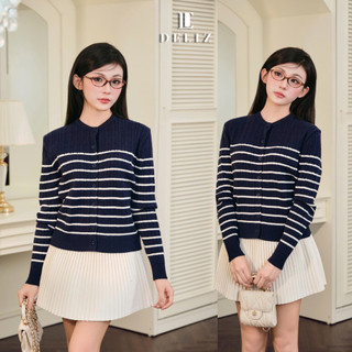 [DELIZ] Áo len cardigan kẻ ngang cổ tròn dài tay chất len lông thỏ vặn thừng cao cấp tone màu pastel tiểu thư CD106