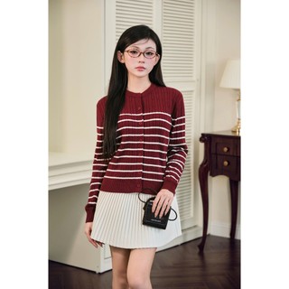 [DELIZ] Áo len cardigan kẻ ngang cổ tròn dài tay chất len lông thỏ vặn thừng cao cấp tone màu pastel tiểu thư CD106