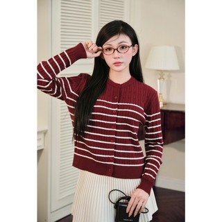 [DELIZ] Áo len cardigan kẻ ngang cổ tròn dài tay chất len lông thỏ vặn thừng cao cấp tone màu pastel tiểu thư CD106