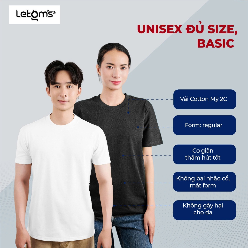 Áo Thun Đôi Nam Nữ Unisex Cotton Mỹ  LeTom's Form Regular Cotton 2C 2 Màu Basic Dễ Phối Chất Mềm Mịn M10