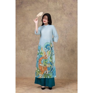 SWANLAKE | Áo Dài Nữ Cách Tân Vũ Môn Phom Suông Cổ Trụ Vải Linen Lụa In Họa Tiết Cá Chép Tết L13097