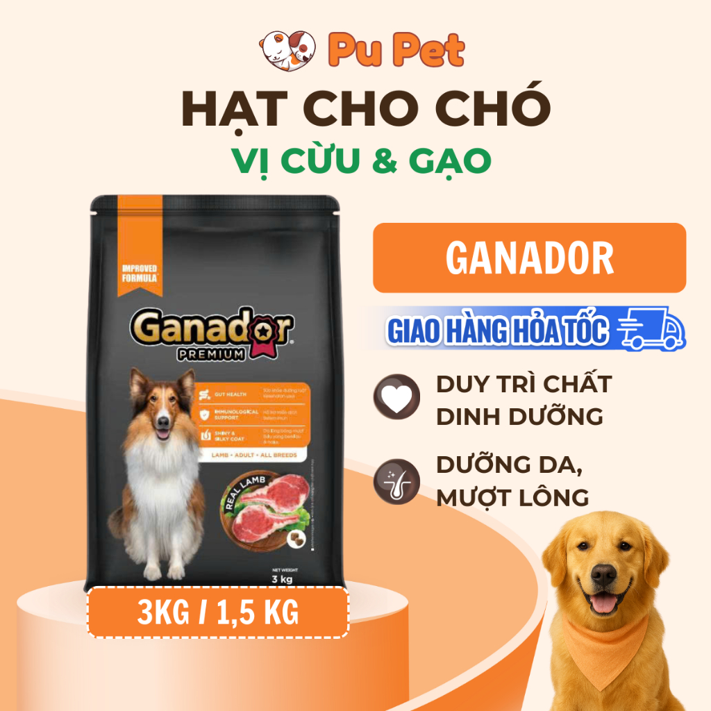 Thức ăn hạt Ganador Premium cho chó trưởng thành vị Cừu & Gạo phát triển xương và cơ bắp, gói 3kg