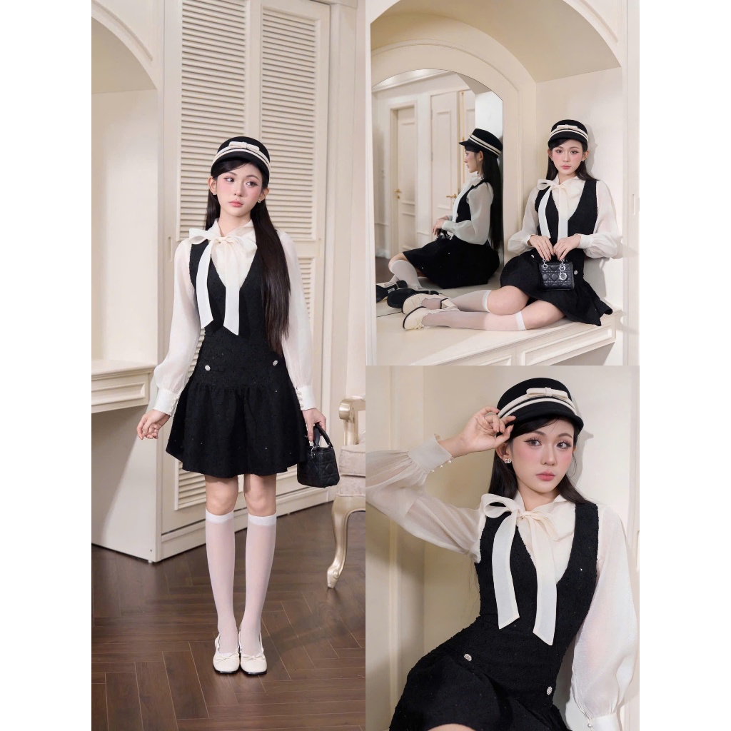NH CLOTHER - Đầm dạ hội đen kem dáng tiểu thư quý phái