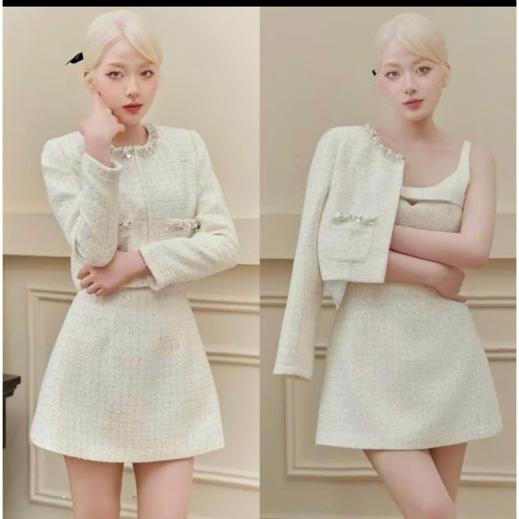 Sét Dạ Tweed Trắng 2 Món – Thanh Lịch, Sang Trọng, Dáng A Tôn Dáng (Có Size XS)
