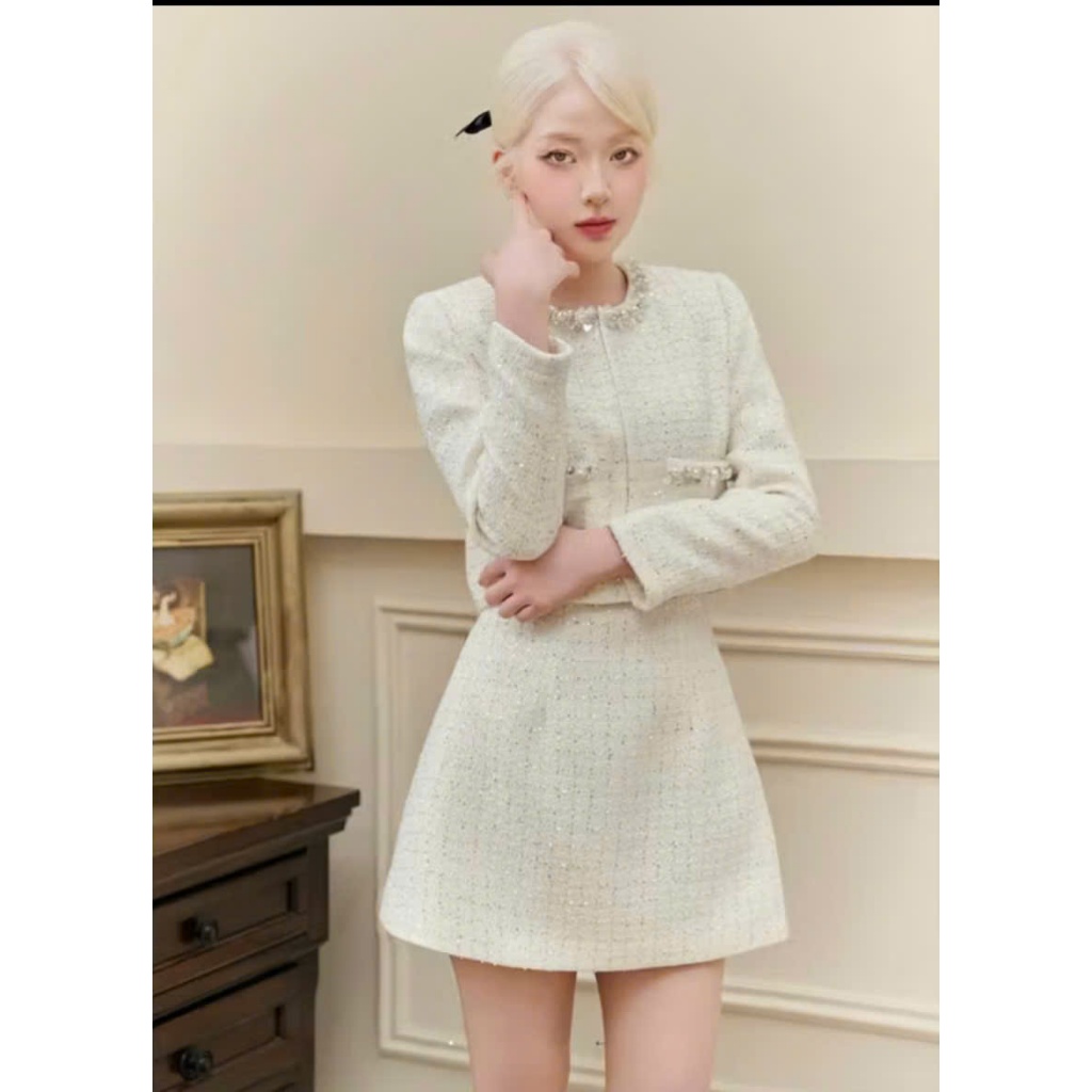 Sét Dạ Tweed Trắng 2 Món – Thanh Lịch, Sang Trọng, Dáng A Tôn Dáng (Có Size XS)