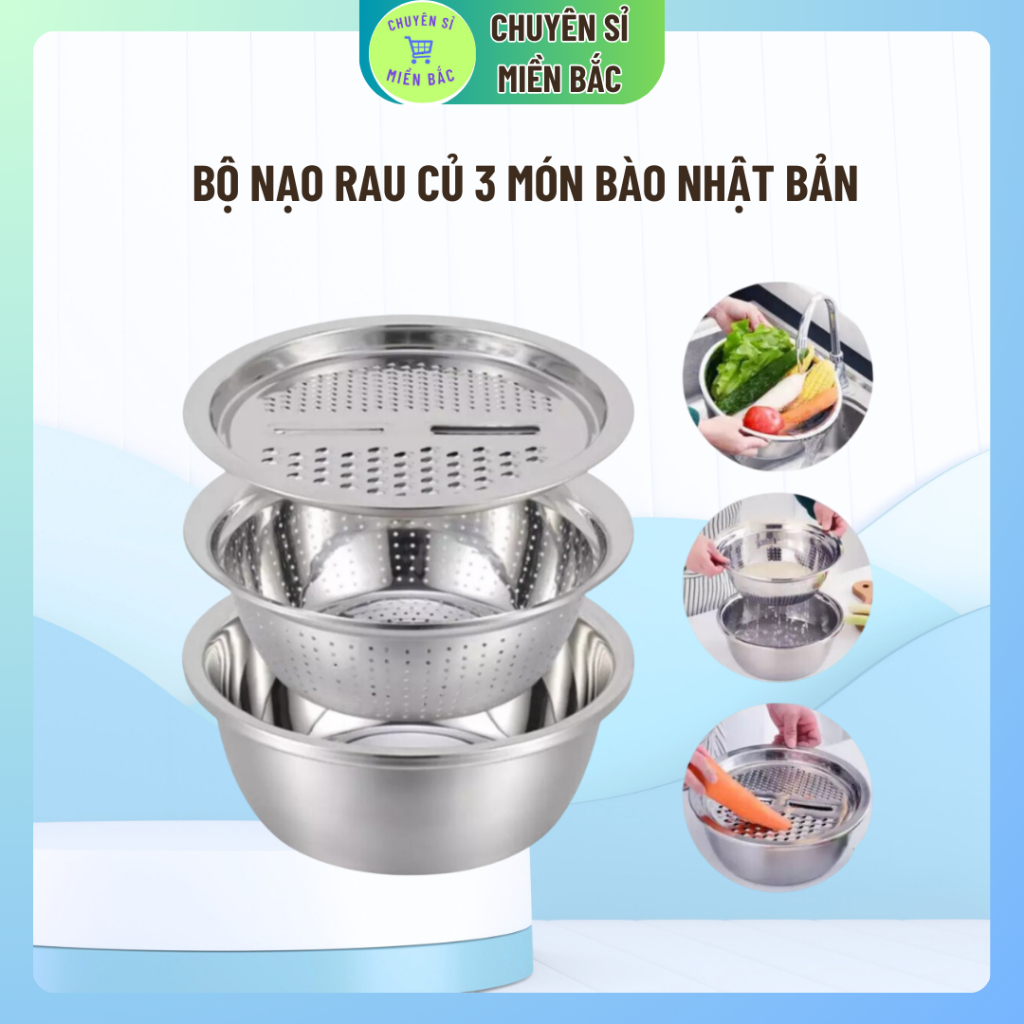 Bộ nạo rau củ 3 món bào Nhật Bản, Rổ nạo rau củ kiêm rổ và chậu inox cao cấp đa năng,tiện lợi