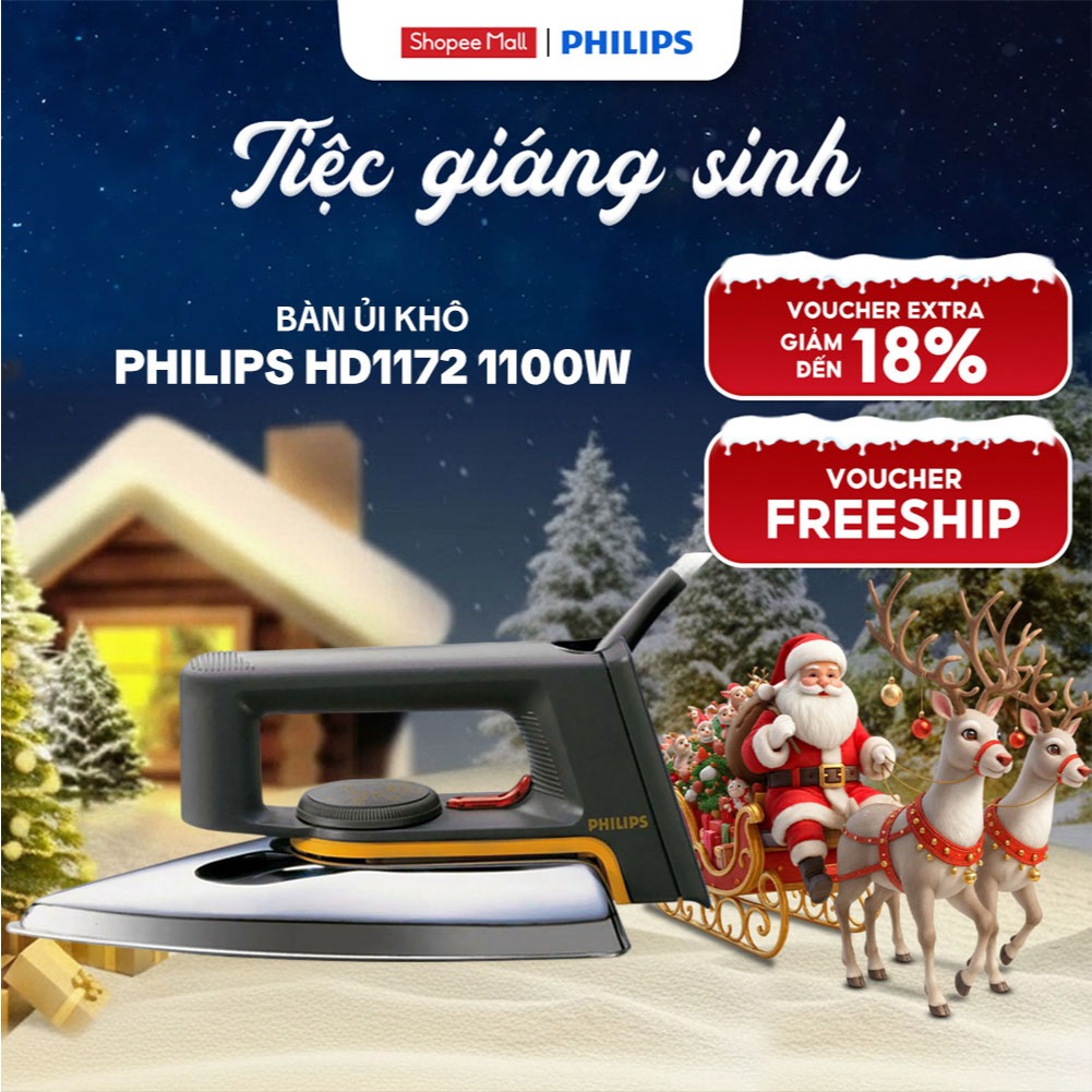 Bàn Ủi Khô Philips HD1172 1000W Ủi Phẳng Quần Áo - Chính Hãng,Bảo Hành 2 Năm