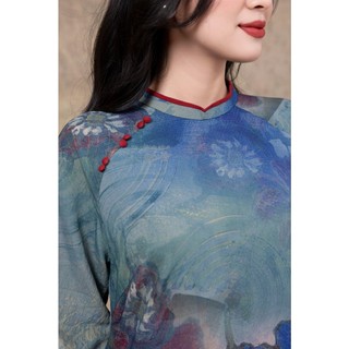 SWANLAKE | Áo Dài Cách Tân Nữ Phom Suông Cổ Trụ Chất Vải Đũi Bông In Hoa Tay Lỡ Đính Nút L13159