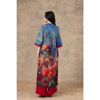 SWANLAKE | Áo Dài Cách Tân Nữ Phom Suông Cổ Trụ Chất Vải Đũi Bông In Hoa Tay Lỡ Đính Nút L13159