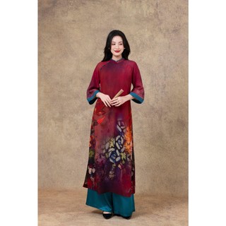 SWANLAKE | Áo Dài Cách Tân Nữ Phom Suông Cổ Trụ Chất Vải Đũi Bông In Hoa Tay Lỡ Đính Nút L13159