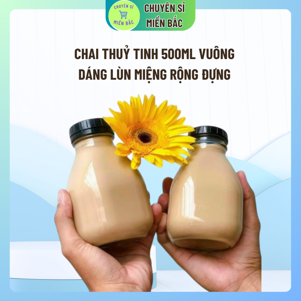 Chai thuỷ tinh 500ml vuông dáng lùn miệng rộng đựng nước ép , sữa hạt tiện lợi