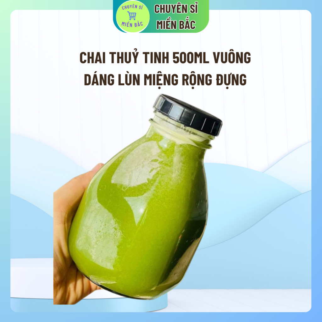 Chai thuỷ tinh vuông dáng lùn miệng rộng đựng nước ép , sữa hạt tiện lợi 300, 500ml