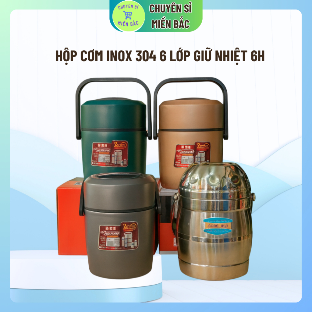 Hộp Cơm Inox 304 6 Lớp Giữ Nhiệt 6h, Cà Mên Văn Phòng Nhiều Ngăn Dung Tích 1600ml