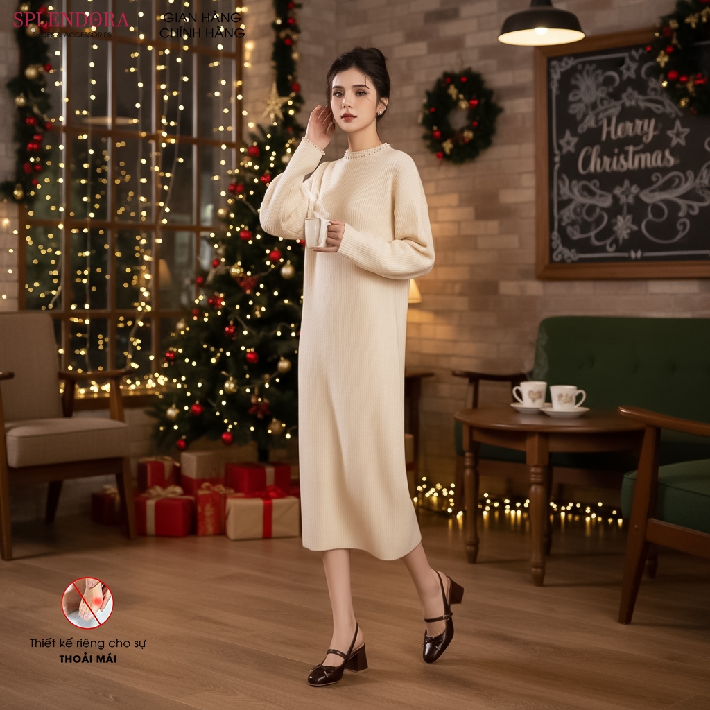 Giày Slingback Nữ Splendora Đính nơ Gót Vuông Chắc Chắn Da PU Trơn Lì Cao Cấp 5cm_M3