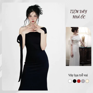 Đầm Lụa Dự Tiệc Trễ Vai Phối Nơ Lệch Vai Lụa Hàn NV684 Váy Lụa Đầm Dự Tiệc Cưới Lệch Vai Dây Thắt Được Nhiều Kiểu