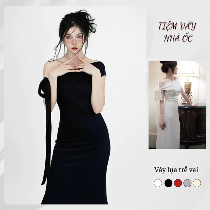Đầm Lụa Dự Tiệc Trễ Vai Phối Nơ Lệch Vai Lụa Hàn NV684 Váy Lụa Đầm Dự Tiệc Cưới Lệch Vai Dây Thắt Được Nhiều Kiểu