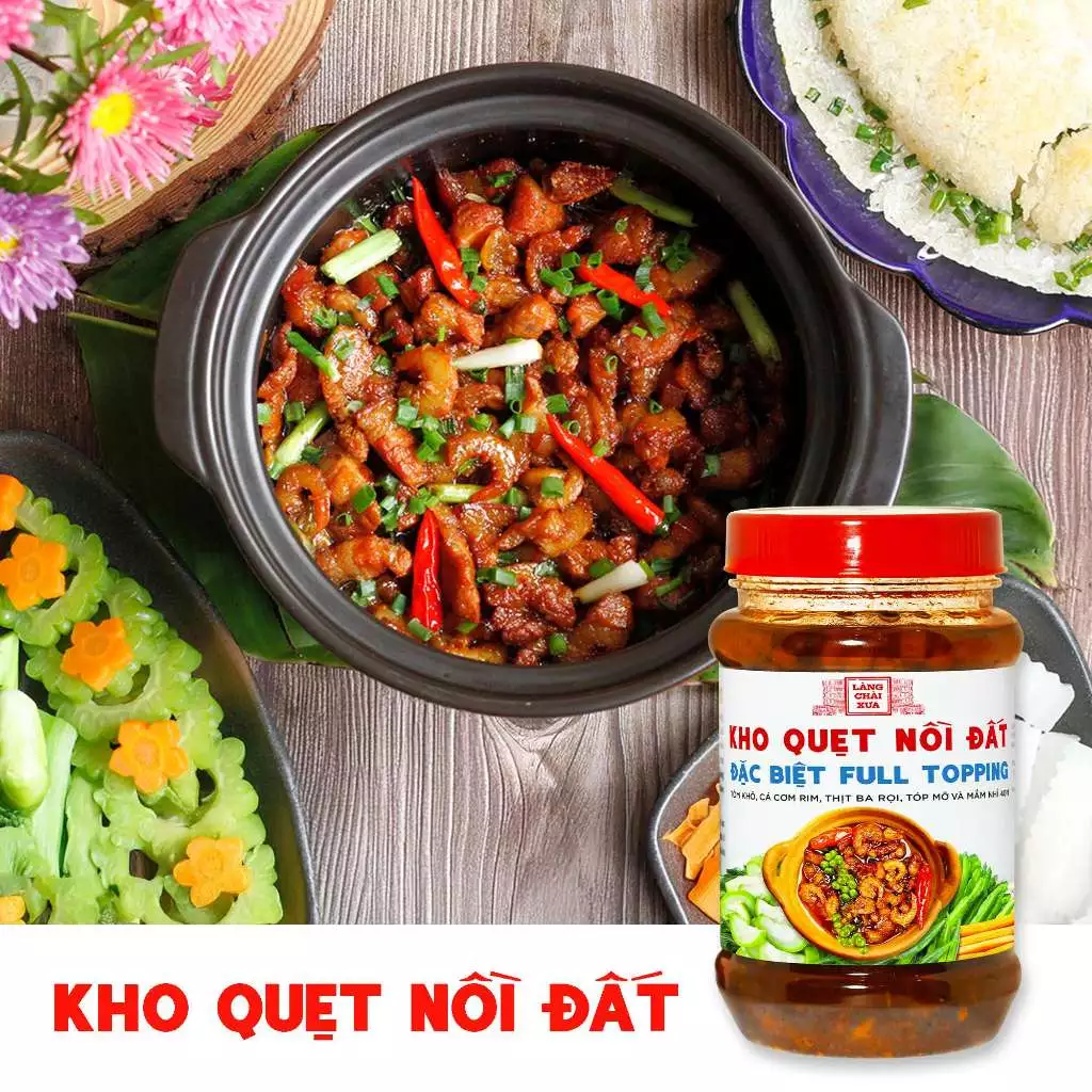 Kho quẹt nồi đất Làng Chài Xưa 250g thơm ngon đặc biệt full topping tôm khô, cá cơm rim, thịt ba rọi