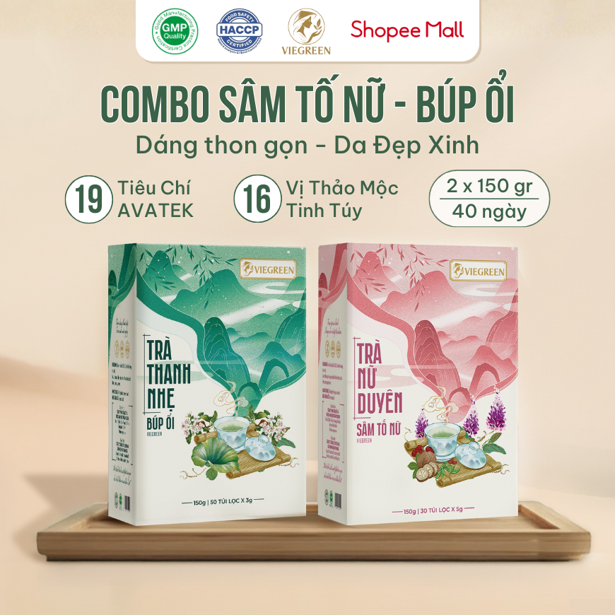 Combo 2 Trà Túi Lọc Sâm Tố Nữ + Búp Ổi VIEGREEN 30x5g + 50x3g, GMP HACCP