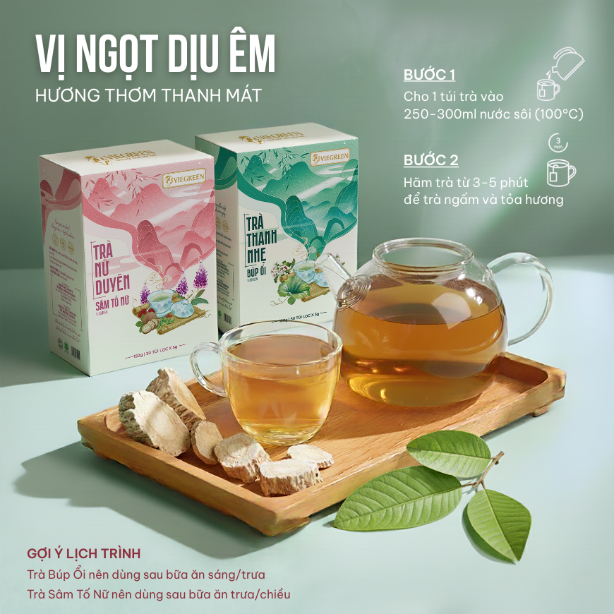Combo 2 Trà Túi Lọc Sâm Tố Nữ + Búp Ổi VIEGREEN 30x5g + 50x3g, GMP HACCP