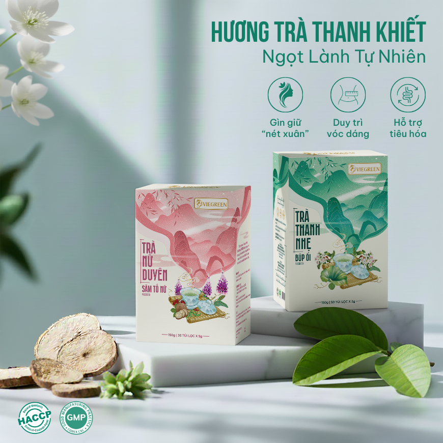 Combo 2 Trà Túi Lọc Sâm Tố Nữ + Búp Ổi VIEGREEN 30x5g + 50x3g, GMP HACCP
