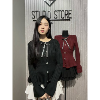 LT - Áo len nữ khuy tim đính nơ, dáng áo peplum xoè dài tay thu đông 1457