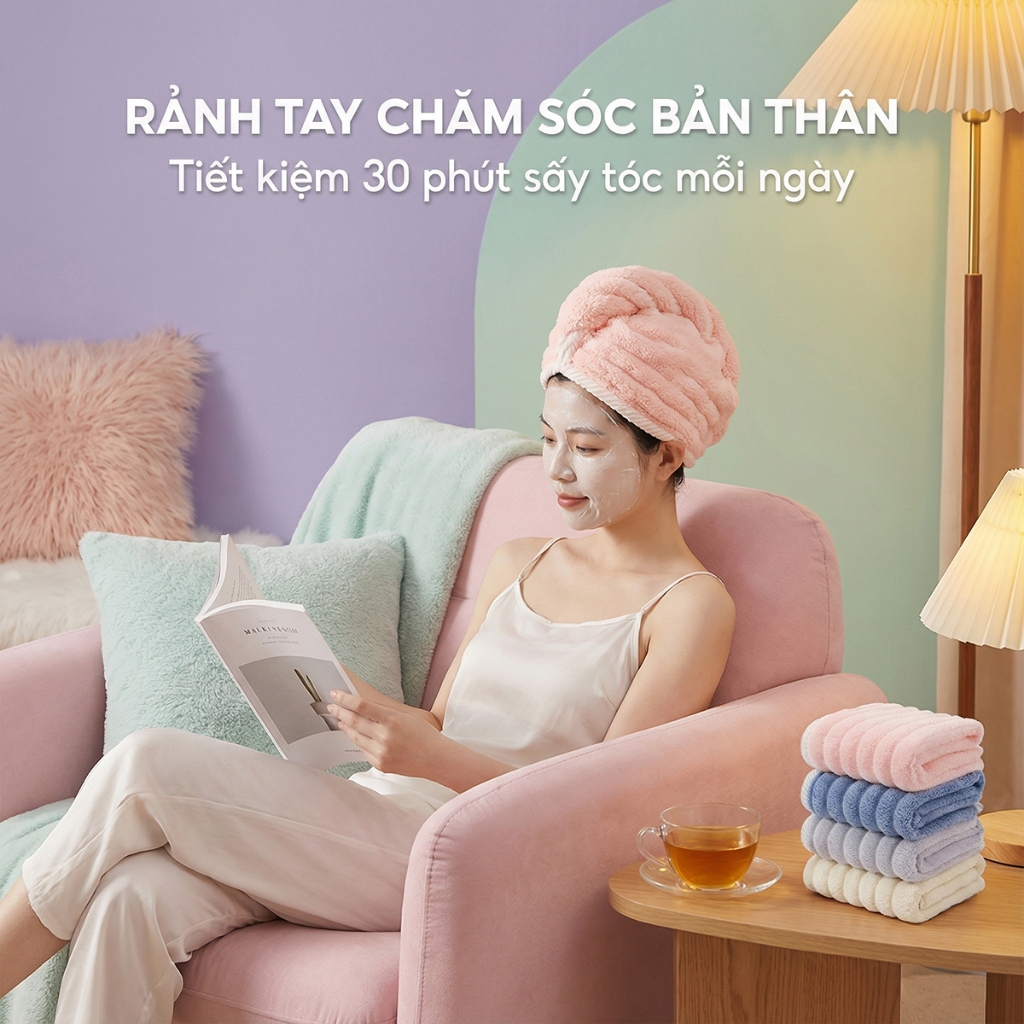Mũ Quấn Tóc Lông Dệt Sóng Siêu Thấm Hút, Khăn Ủ Tóc Nhanh Khô Lau Tóc Mềm Mại Giảm Hư Tổn Tóc