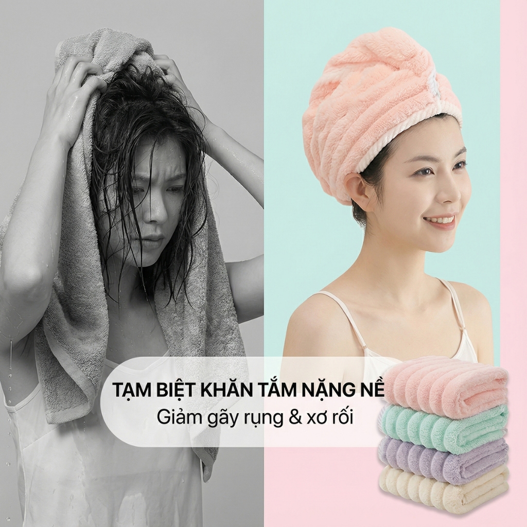 Mũ Quấn Tóc Lông Dệt Sóng Siêu Thấm Hút, Khăn Ủ Tóc Nhanh Khô Lau Tóc Mềm Mại Giảm Hư Tổn Tóc