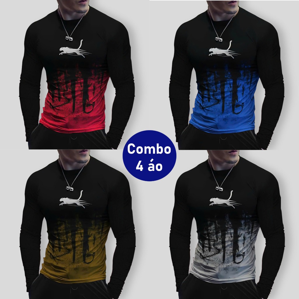 COMBO 1-2-3-4 áo dài tay in hình con báo chất thun mềm mịn dài tay cổ tròn co giãn 4 chiều phối màu sắc nét