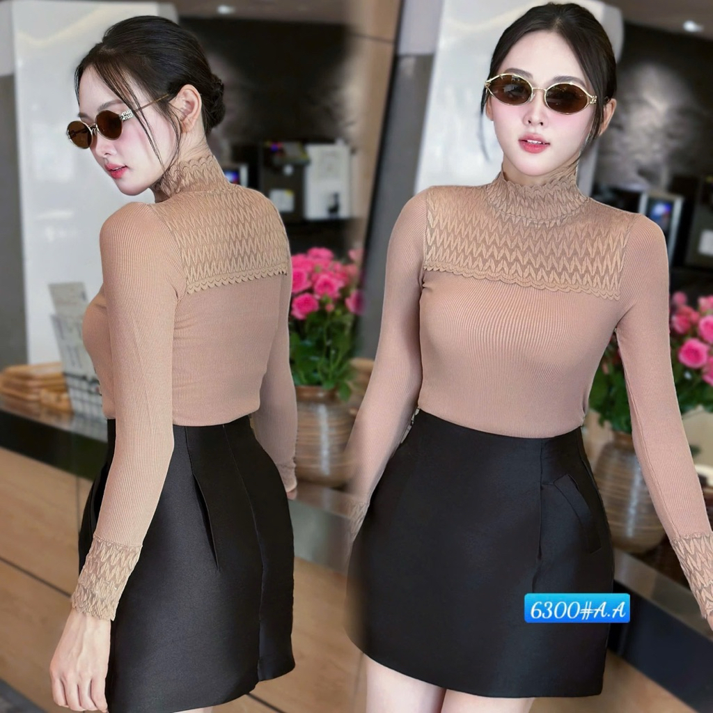Áo Nhiệt 6300# Chất Thun Tăm Pha Ren Phần Cổ Mà Ngực Co Dãn 4 Chiều