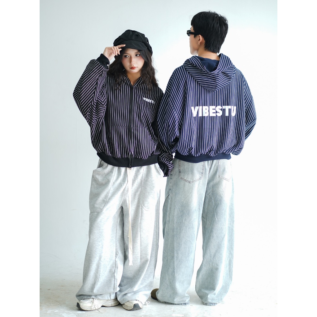 Áo Hoodie Sọc Dọc Nỉ 2 Da  VIBESTU " Logo " Boxy Tay Dơi Unisex Nam Nữ | BigBuy360 - bigbuy360.vn