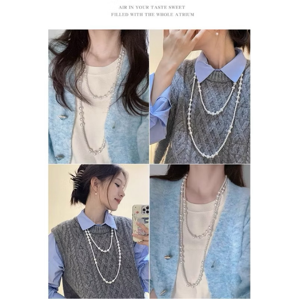 Chuỗi Ngọc Trai Thiết Kế Dây Chuyền Ngọc Nhiều Lớp SION sử dụng Ngọc Trai Đá Loại 1 Nặng Tay Phối Áo Dài Tết