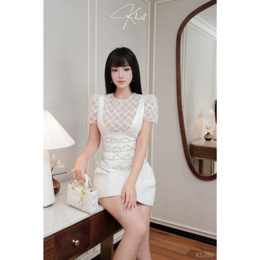 Set váy dạ tweed đính ngọc trai phối áo ren thêu phong cách nữ tính sang trọng KS396