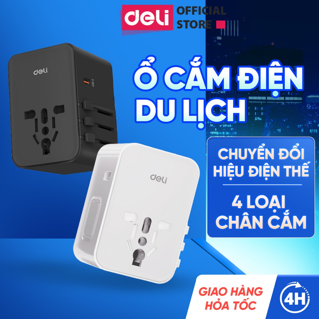 [VOUCHER 15%] Ổ Cắm Chuyển Đổi Du Lịch Deli Sạc Nhanh 70W Củ Sạc Đa Năng DELI 4 Loại Chân Cắm Chuyển Đổi Dòng Điện
