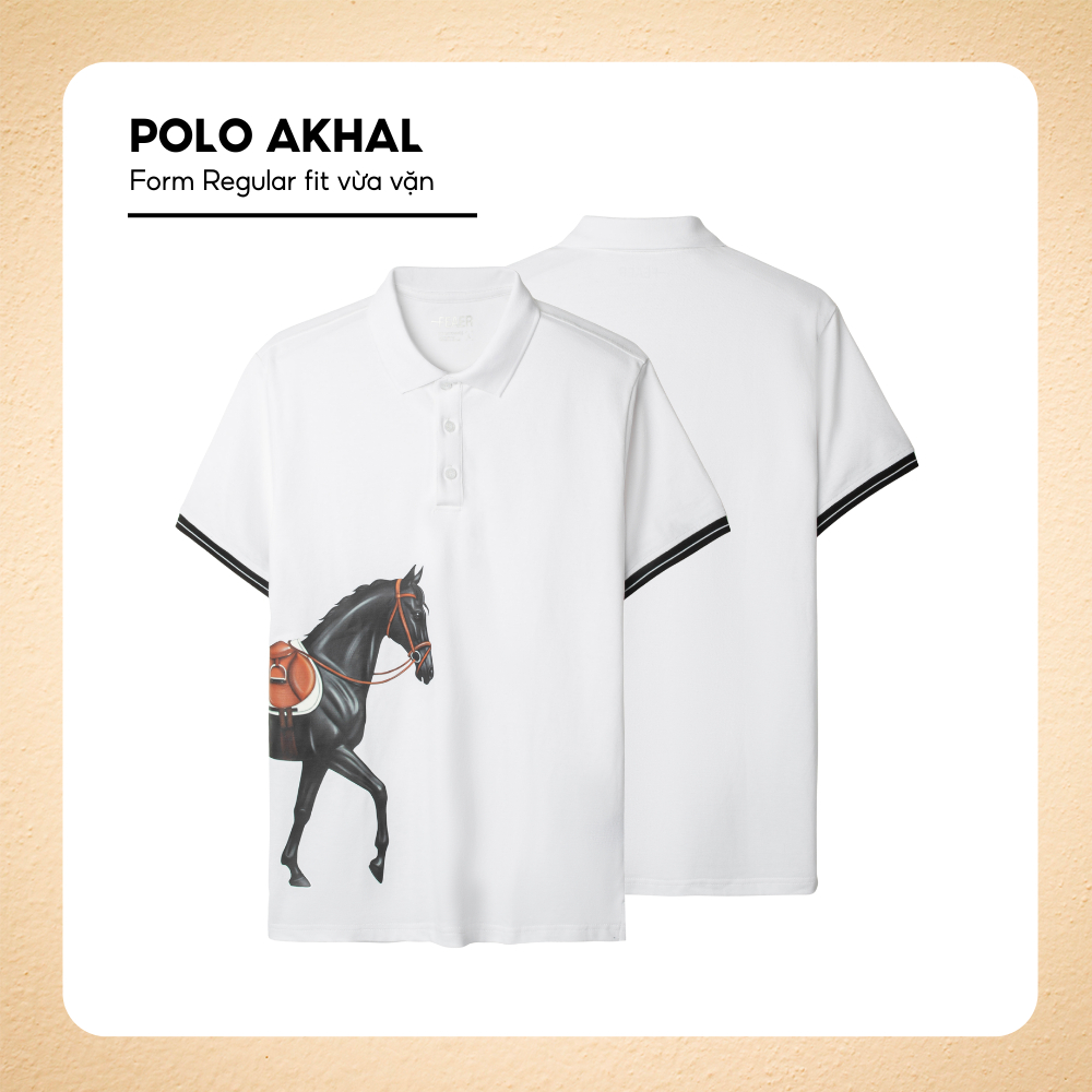 Áo Polo AKHAL nam họa tiết in hình ngựa sắc nét, độc đáo, form regular fit vừa vặn, tay viền đen - FEAER