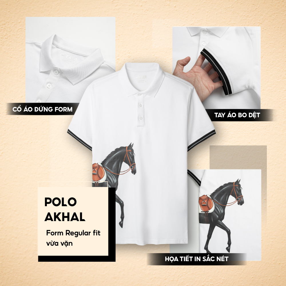 Áo Polo AKHAL nam họa tiết in hình ngựa sắc nét, độc đáo, form regular fit vừa vặn, tay viền đen - FEAER
