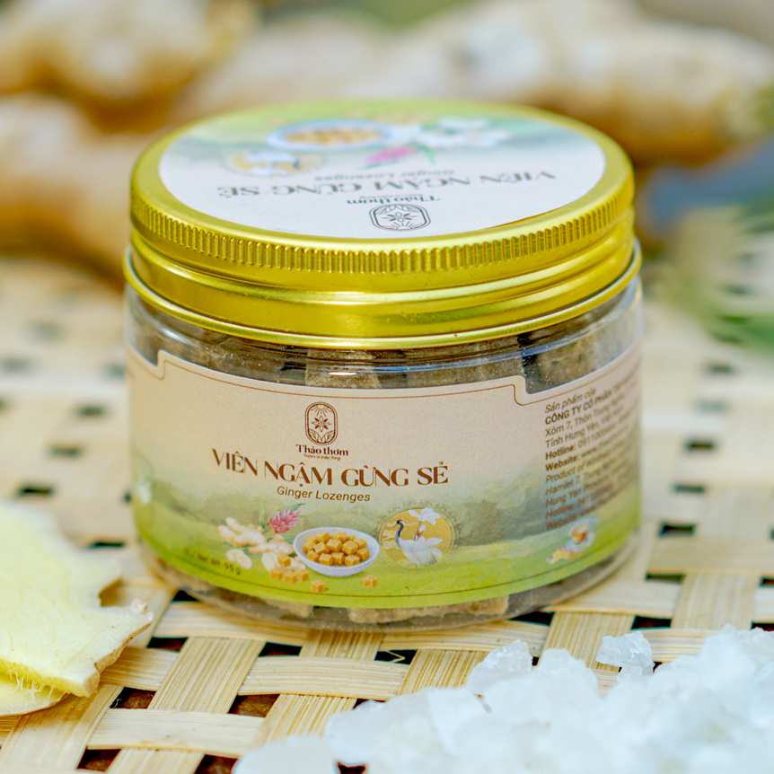 Viên Ngậm Gừng Thảo Thơm, Hũ 95Gram Tiện Lợi, Làm Ấm Cơ Thể, Giải Cảm, Chống Say Tàu Xe