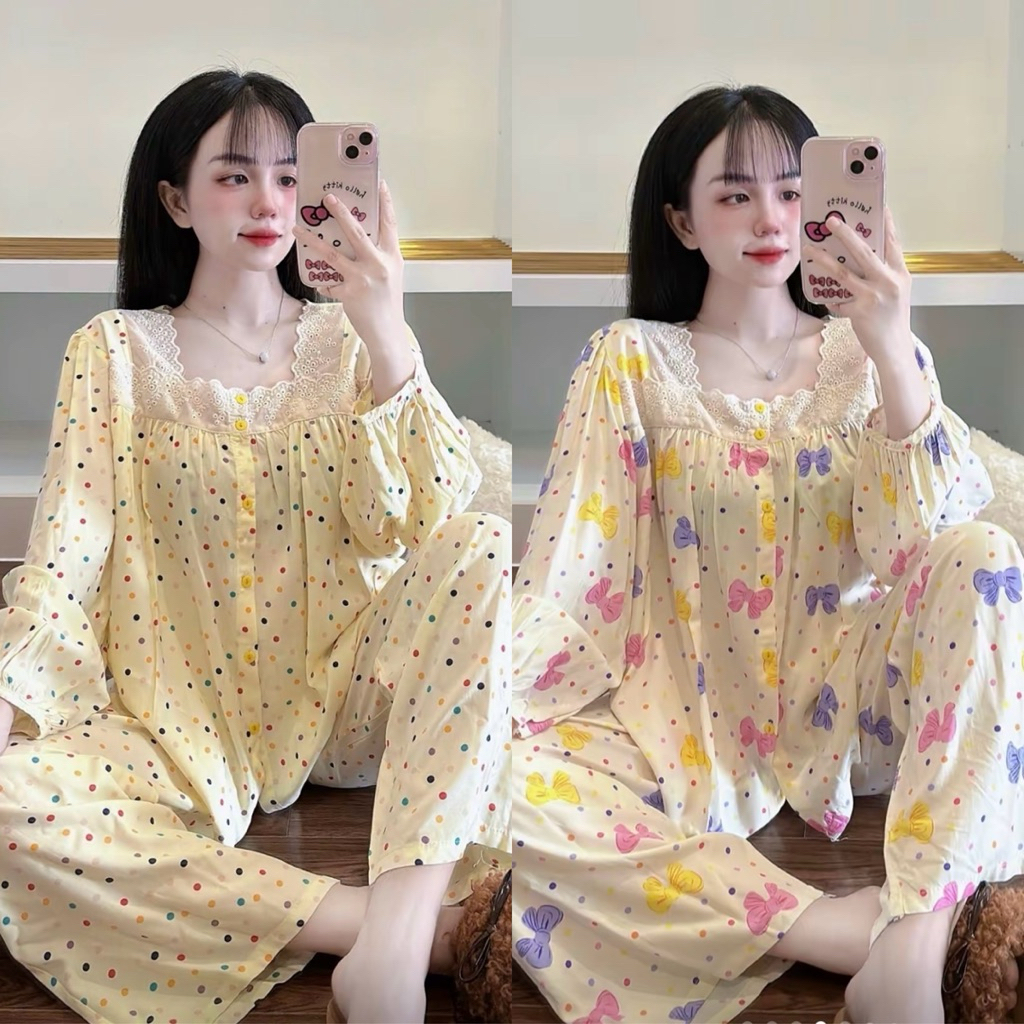Set Bộ Tole Cổ Ren Vuông Tiểu Thư Cài Nút Quần Suông- HN CLOSET