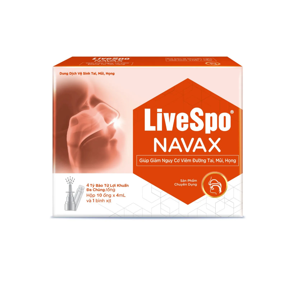 LiveSpo Navax xịt ĐỎ  (10 ống x 4ml ),Nước muối chứa bào tử lợi khuẩn giúp giảm nghẹt mũi, viêm mũi