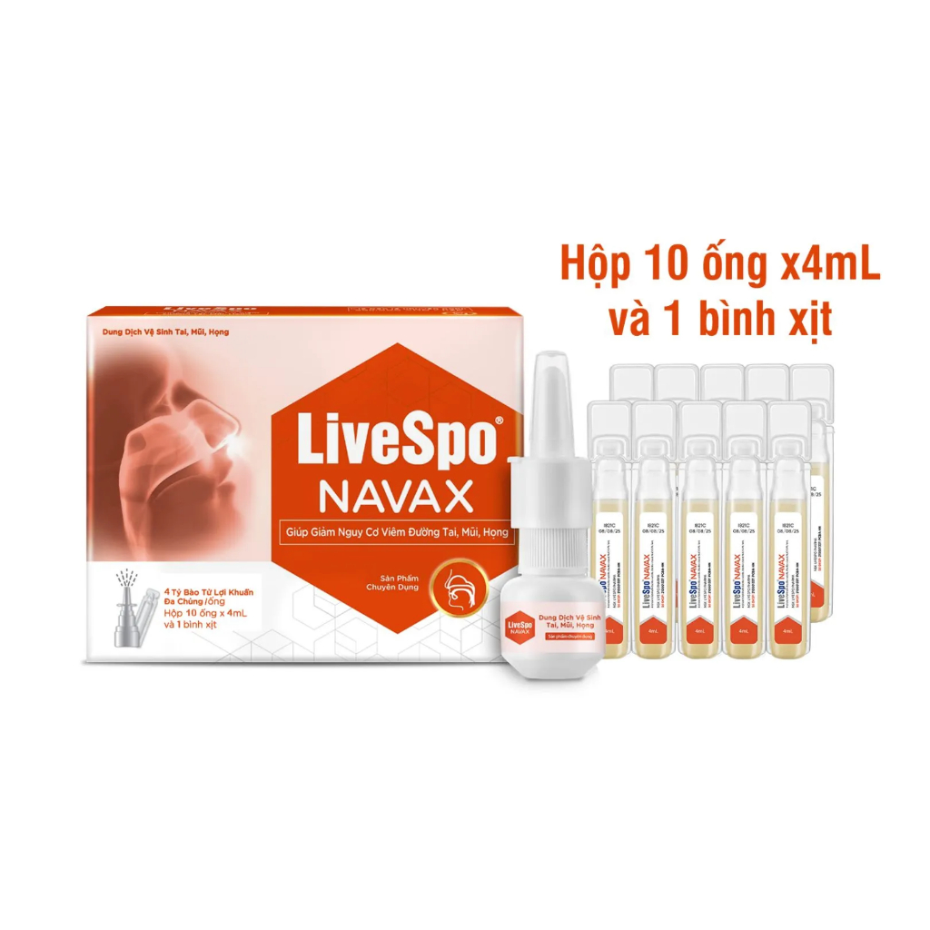 LiveSpo Navax xịt ĐỎ  (10 ống x 4ml ),Nước muối chứa bào tử lợi khuẩn giúp giảm nghẹt mũi, viêm mũi