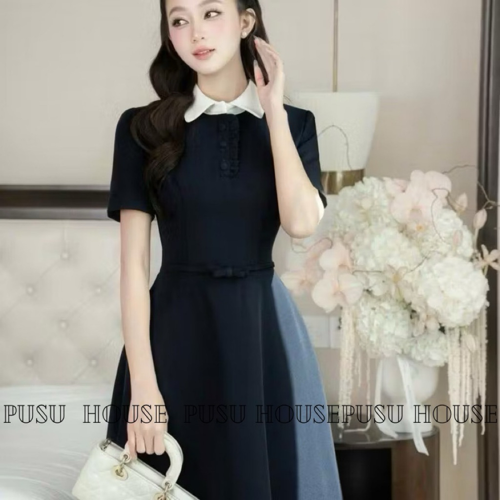 Đầm Nữ Cổ Sen Xanh Đen Dáng Dài Eo Thắt Nơ Sang Trọng Thanh Lịch - Pusu house
