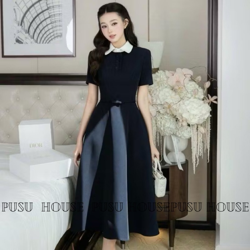 Đầm Nữ Cổ Sen Xanh Đen Dáng Dài Eo Thắt Nơ Sang Trọng Thanh Lịch - Pusu house