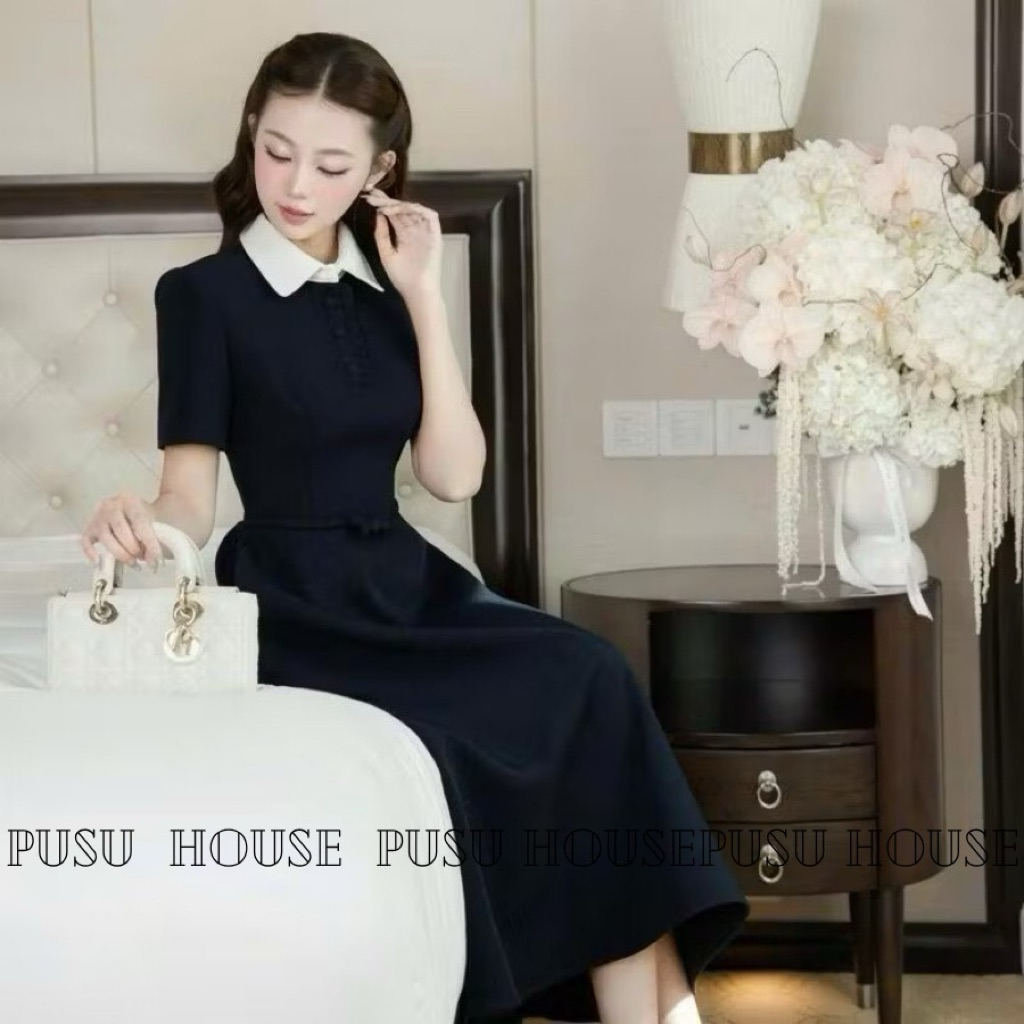Đầm Nữ Cổ Sen Xanh Đen Dáng Dài Eo Thắt Nơ Sang Trọng Thanh Lịch - Pusu house