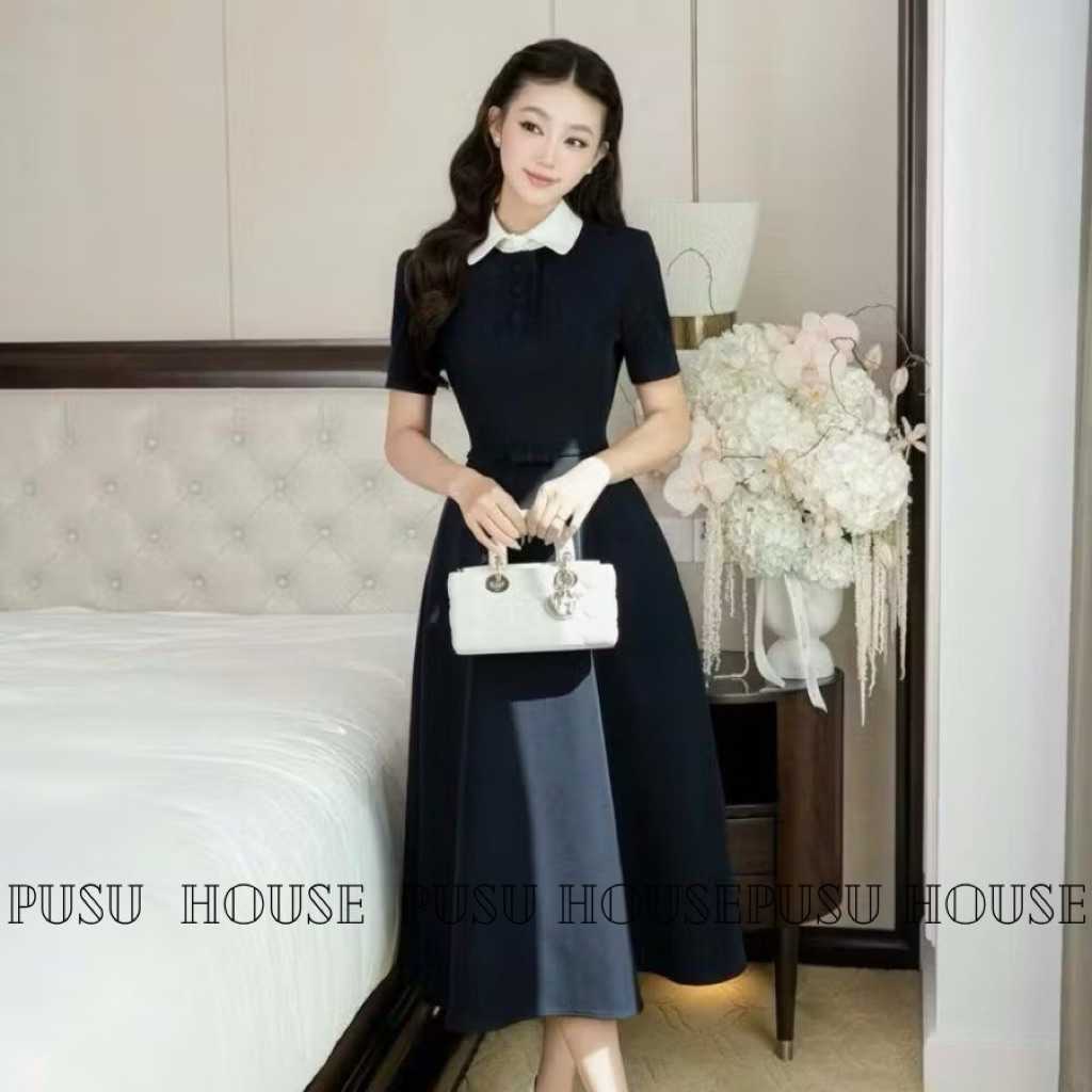 Đầm Nữ Cổ Sen Xanh Đen Dáng Dài Eo Thắt Nơ Sang Trọng Thanh Lịch - Pusu house