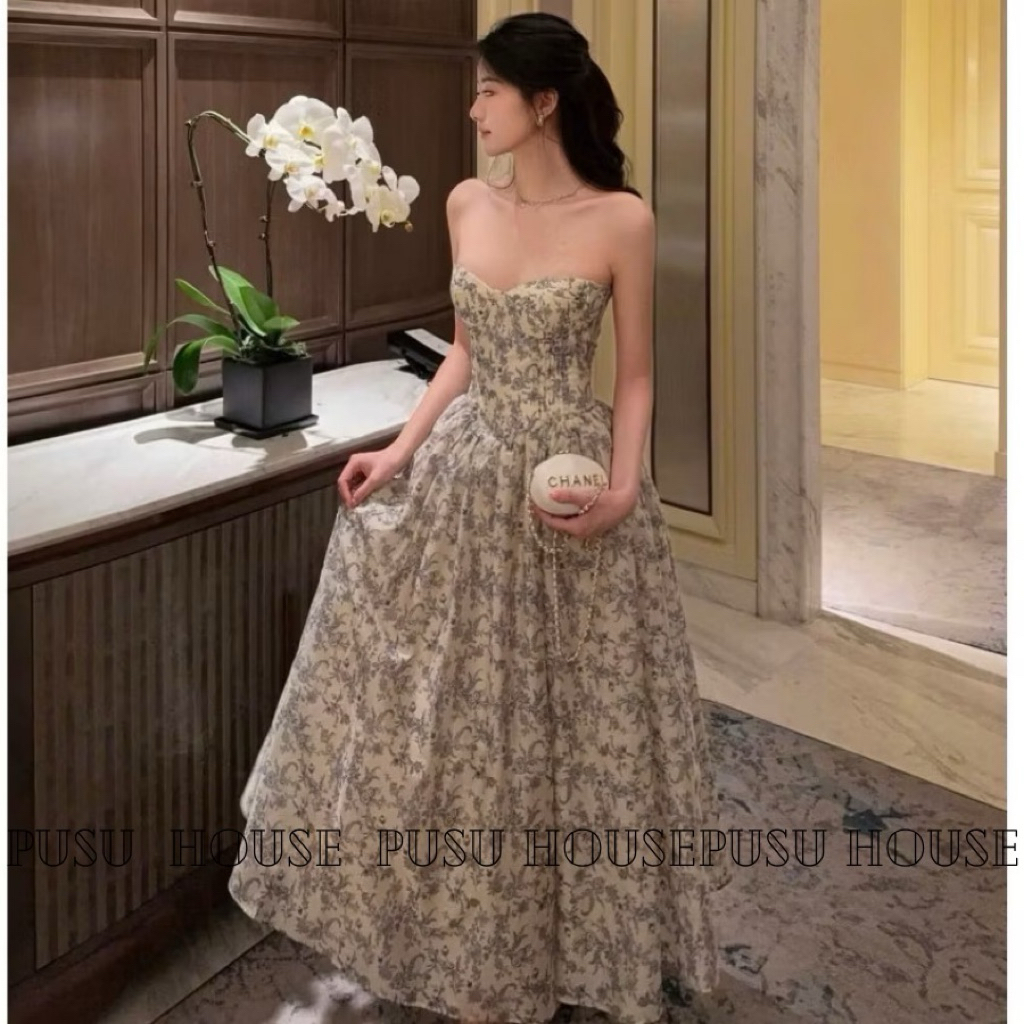 PUSU HOUSE Đầm Cúp Ngực Maxi Hoa Baby Sang Trọng Kiểu Dáng Thanh Lịch Phù Hợp Cho Mọi Sự Kiện