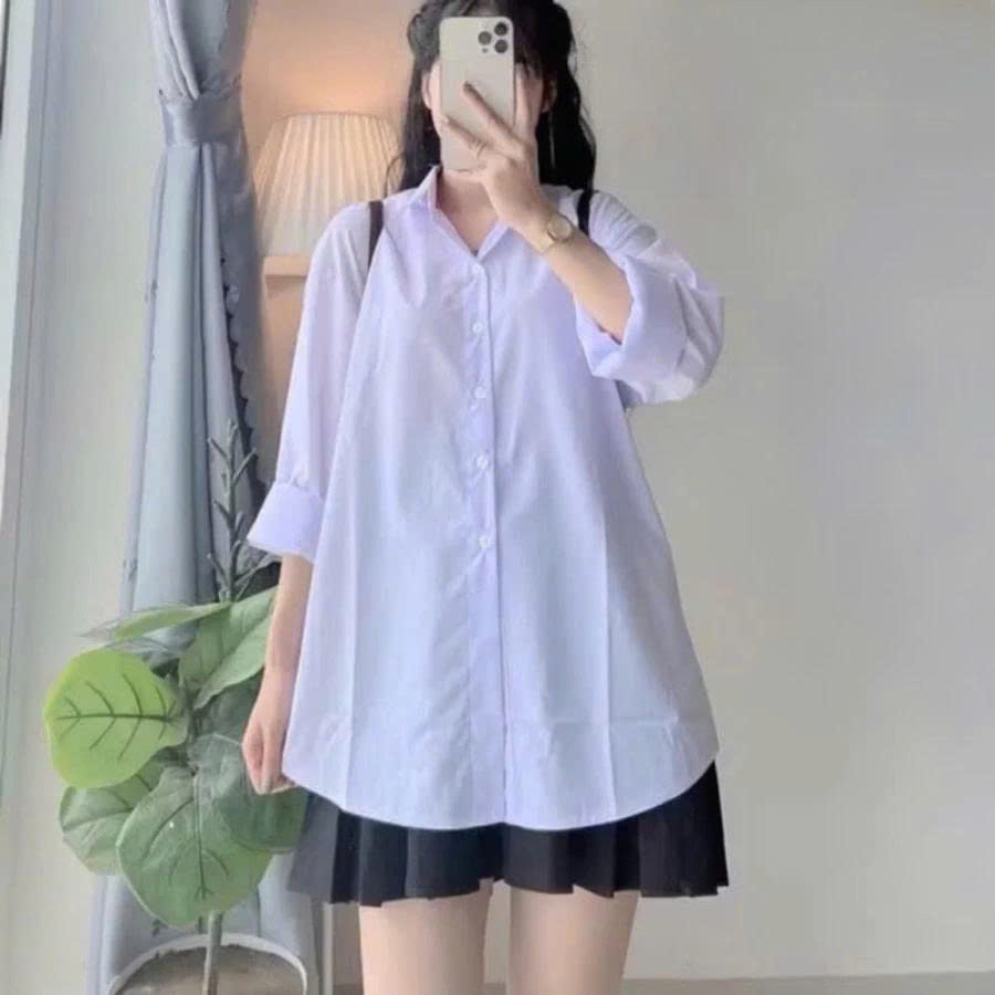 Áo Sơ mi trắng nữ cộc tay dài tay học sinh tay ngắn lỡ form rộng túi ngực cổ bẻ xanh trắng