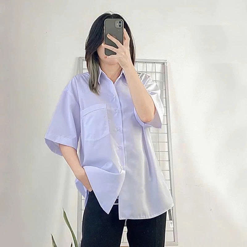 Áo Sơ mi trắng nữ cộc tay dài tay học sinh tay ngắn lỡ form rộng túi ngực cổ bẻ xanh trắng